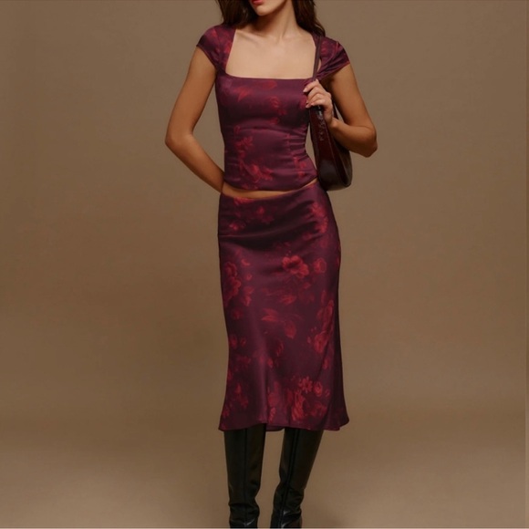 Reformation Dresses & Skirts - Reformation Ella Satin Midi Skirt Sanguine Red Burgundy Floral High Rise Women 4